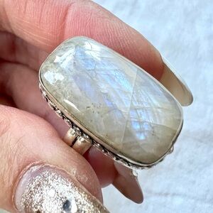 925 Blue Flash PEACH MOONSTONE Ring 7#